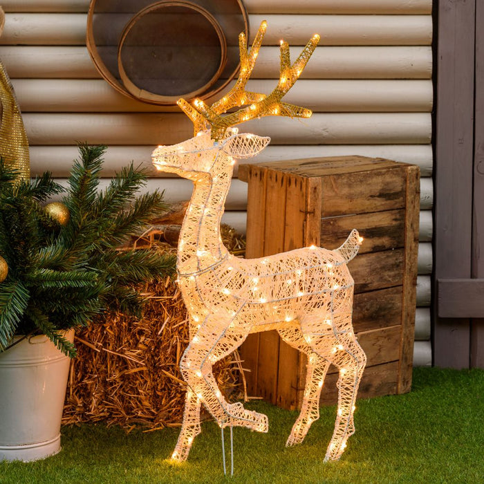 Renna con zampa alzata 3D Light Cream & Brown h 85 cm, 120 led bianco extra caldo