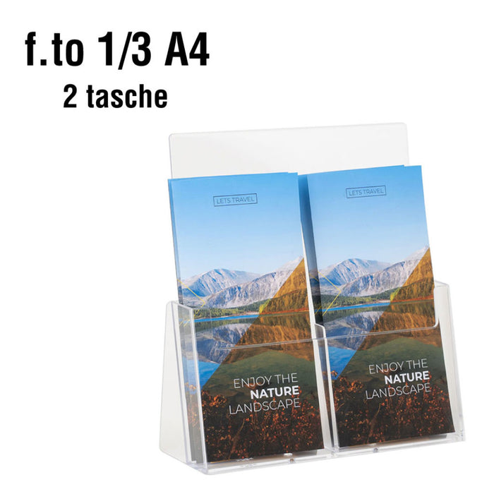 Porte brochure comptoir en plexi 2 pochettes 1/3 A4 côte à côte