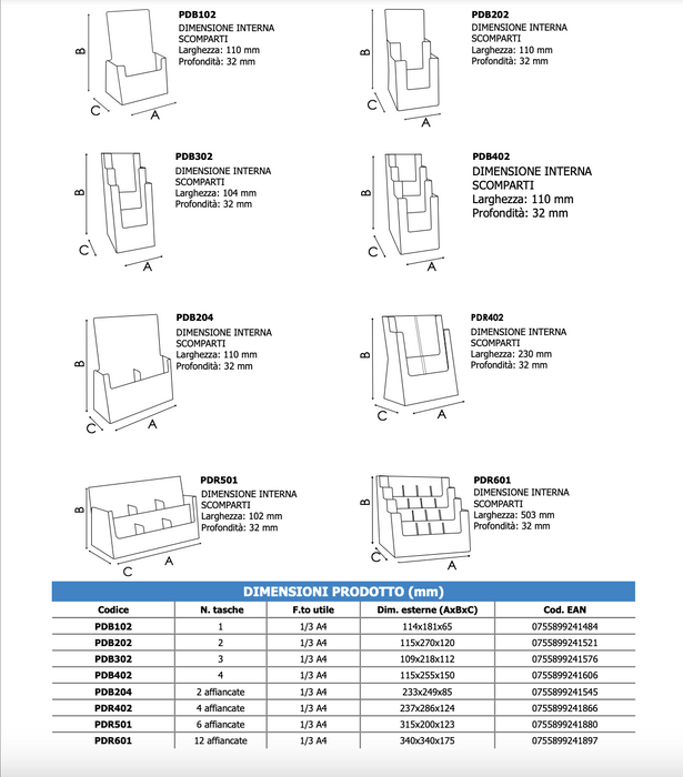 Porta depliant da banco in plexi 2 tasche 1/3 A4 affiancate