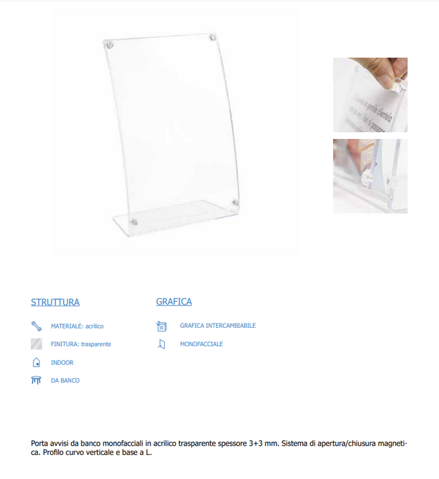 Porta avvisi da banco magnetico in Plexi profilo curvo Monofacciale