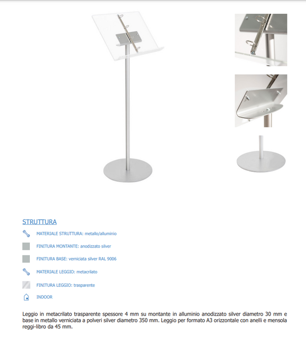 Espositore in plexiglass leggio con anelli