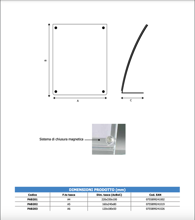 Porta avvisi da banco magnetico in Plexi profilo curvo Monofacciale