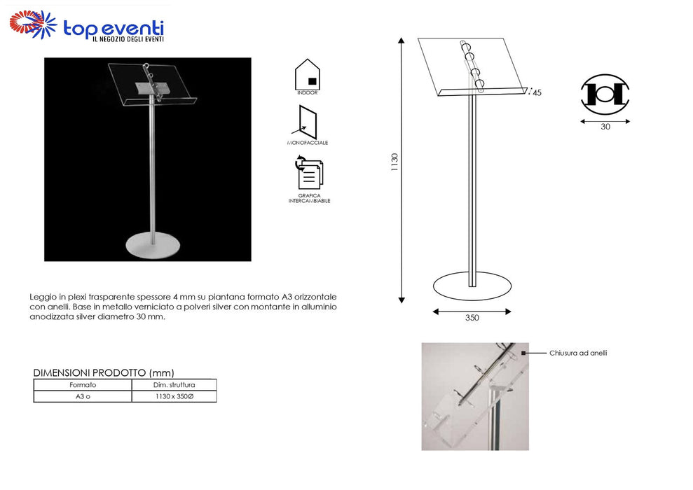 Espositore in plexiglass leggio con anelli - Top Eventi Store