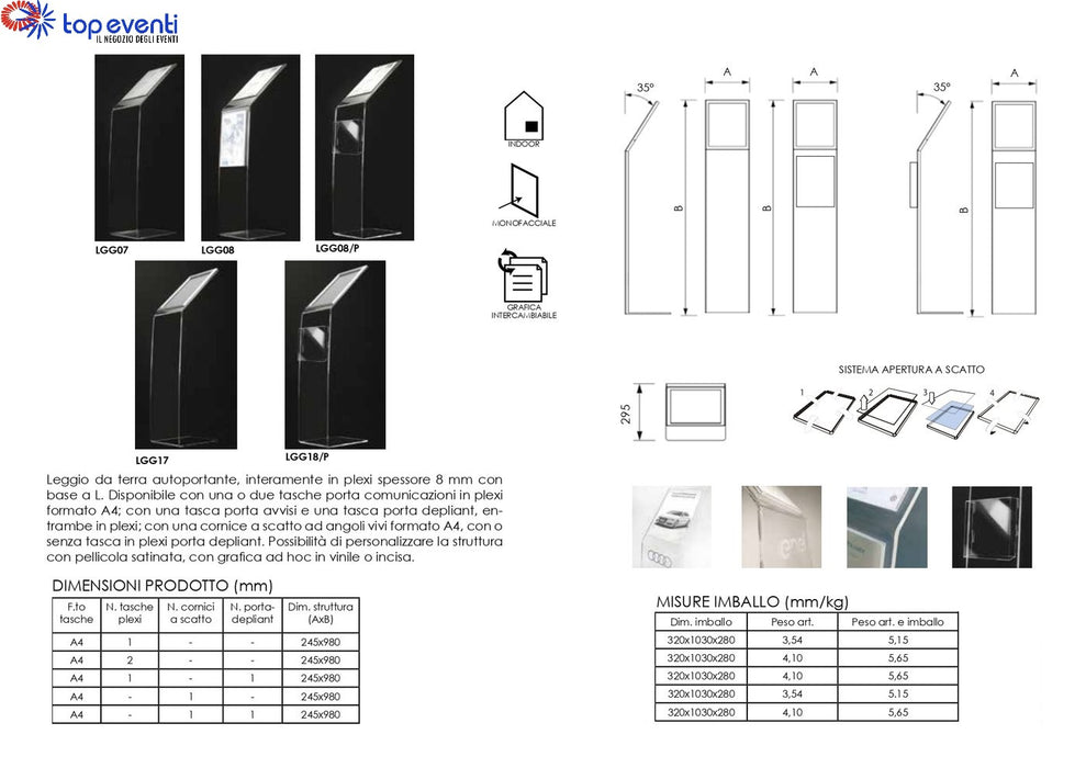 Leggio in plexi a L 1 tasca e porta depliant A4 - Top Eventi Store