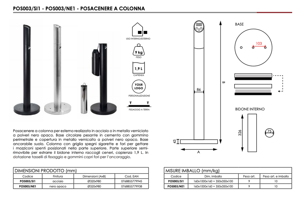Posacenere da esterno a colonna ancorabile - Top Eventi Store