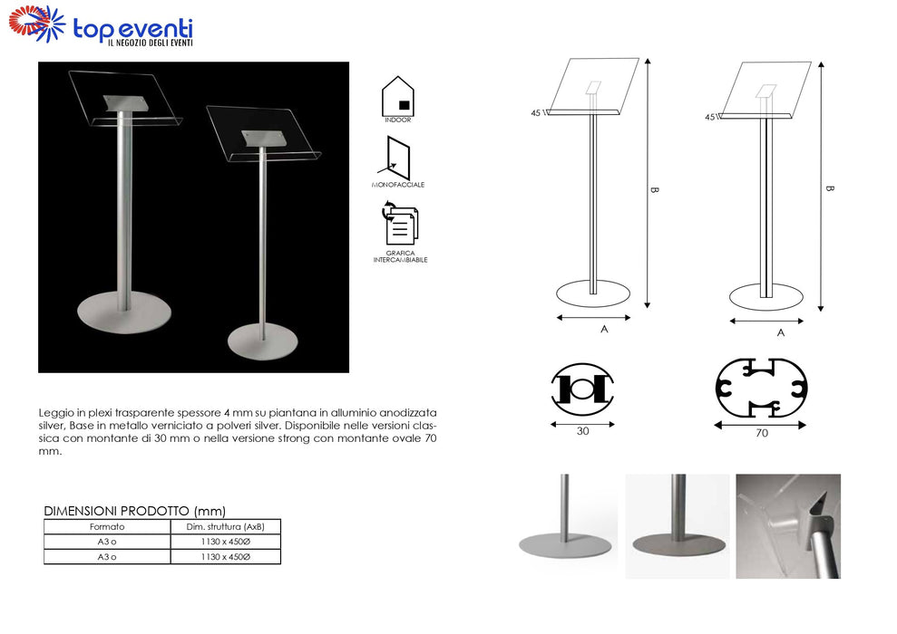 Podio Leggio in plexiglass con piantana mod.L - Top Eventi Store