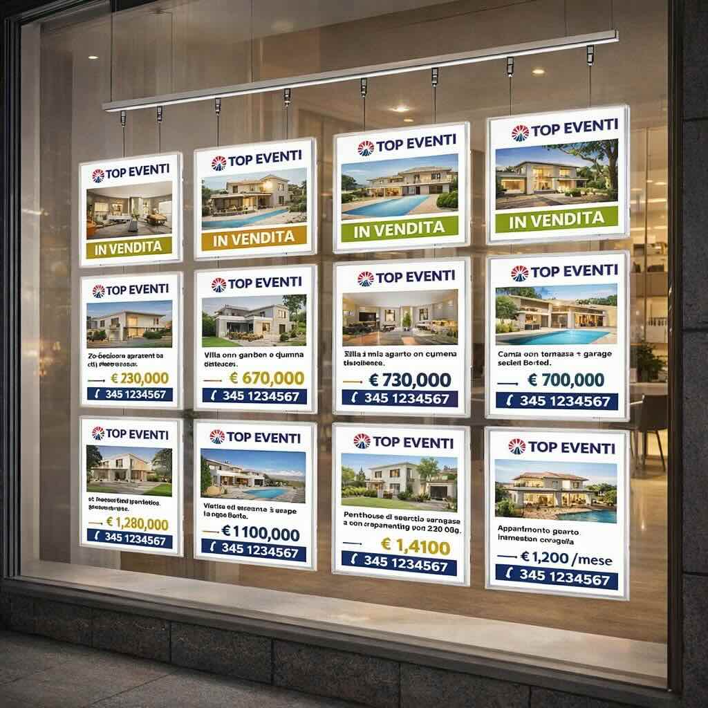 Vetrine Led con cavetto porta comunicazioni per Agenzie Immobiliari Aziende