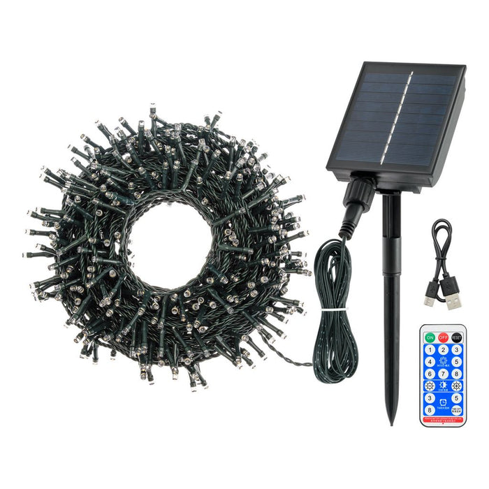 Catena solare 20 m, 400 led bianco caldo, cavo verde, Power Bank con ricarica USB