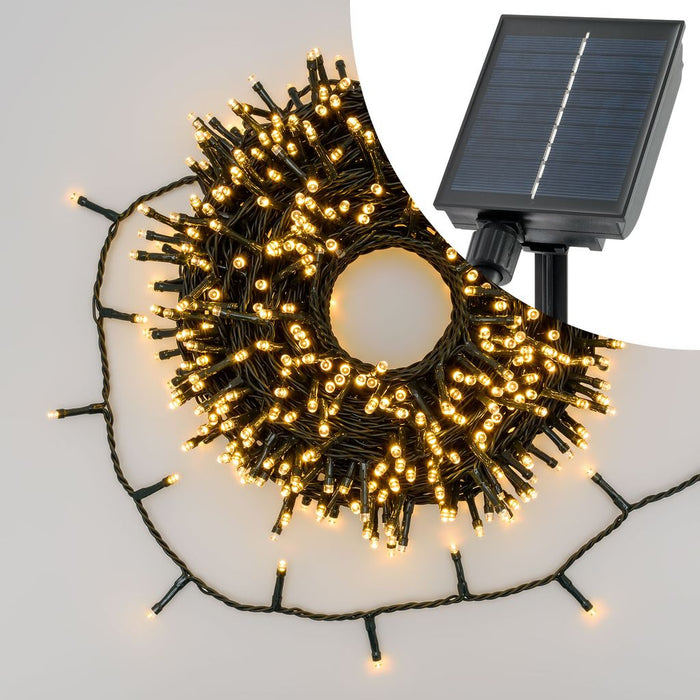 Catena solare 20 m, 400 led bianco caldo, cavo verde, Power Bank con ricarica USB