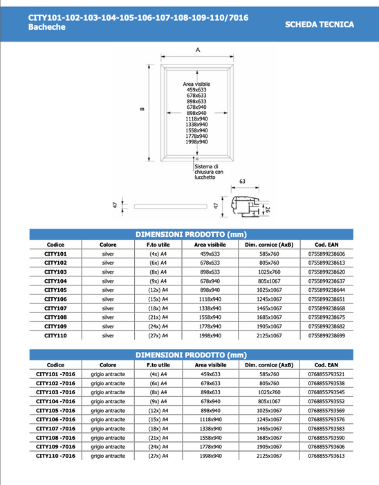 Tablón de anuncios para exteriores con certificación IP56 y cerradura gris RAL 7016