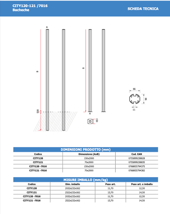 Montante Vertical para Tablones de Anuncios Certificados en Aluminio Anodizado