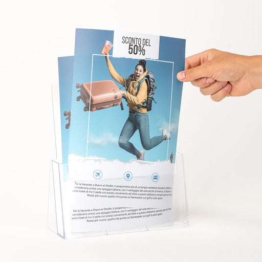 Porta brochure in acrilico formato 1/3 A4 per parete attrezzabile
