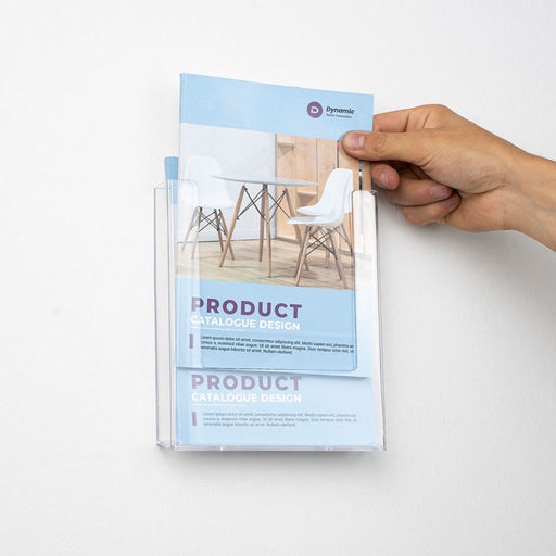 Porta brochure in acrilico formato 1/3 A4 per parete attrezzabile