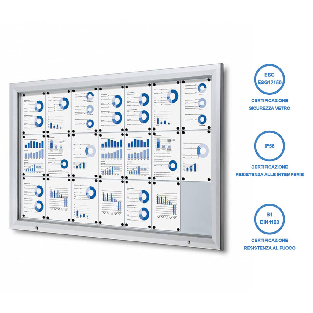 Bacheca per esterno con apertura a ribalta certificata IP56, B1 e ESG