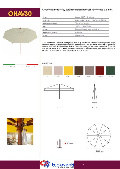 Paraguas de madera con palo central y tapa redonda.