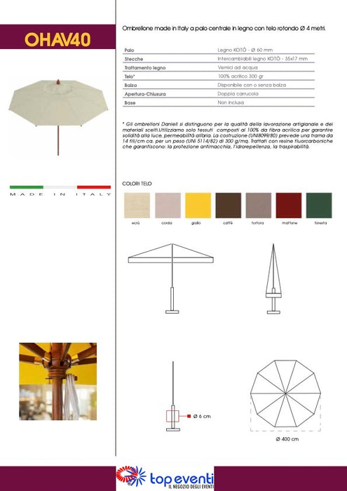 Paraguas de madera con palo central y tapa redonda.