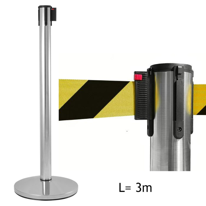 Columna marcadora de senderos de acero CROMADO con cinta amarilla y negra