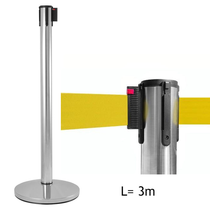 Poste indicador de sendero de acero CROMADO con cinta amarilla